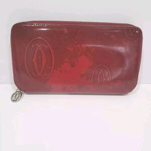 Cartier Happy Birthday Patent Leather Zip Around Long Wallet Red Burgundy Large